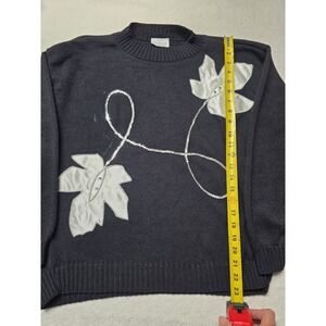 Vintage Different Black Sequin Leaf Embellished Acrylic Crewneck Sweater Sz М
